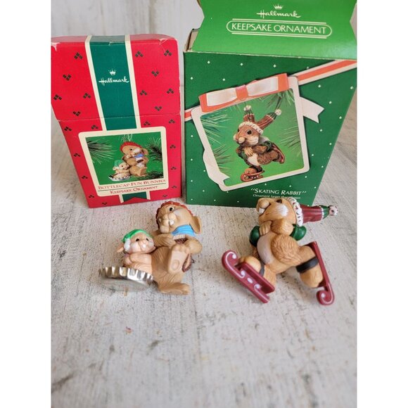 Hallmark skating bunny rabbit vintage ornament Xmas set - Picture 1 of 7